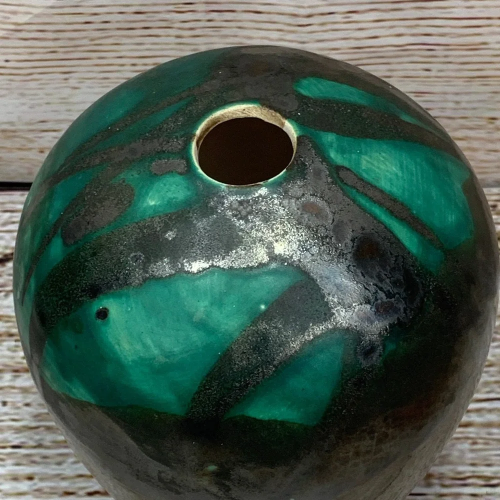 Modernist‎ Ceramic Vase Black Green Glaze Art Pottery Signed MH